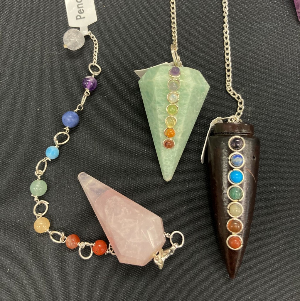 Chakra Chain Pendulum, Chakra Accent stones on Faceted Amazonite Crystal Pendulum, and Wooden Pendulum with Chakra Accent Stones